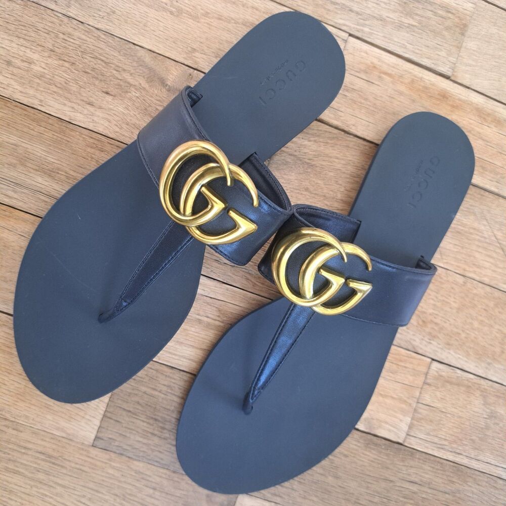 Gucci Marmot Laveugle Par Amour GG Women’s Black Leather Thong Sandals Size 39 - Picture 3 of 9